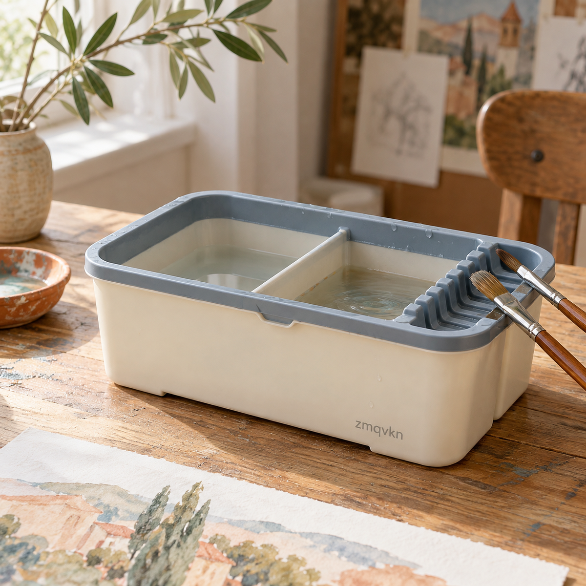 zmqvkn Twin-Well Brush Rinse Cup — artist studio lifestyle scene