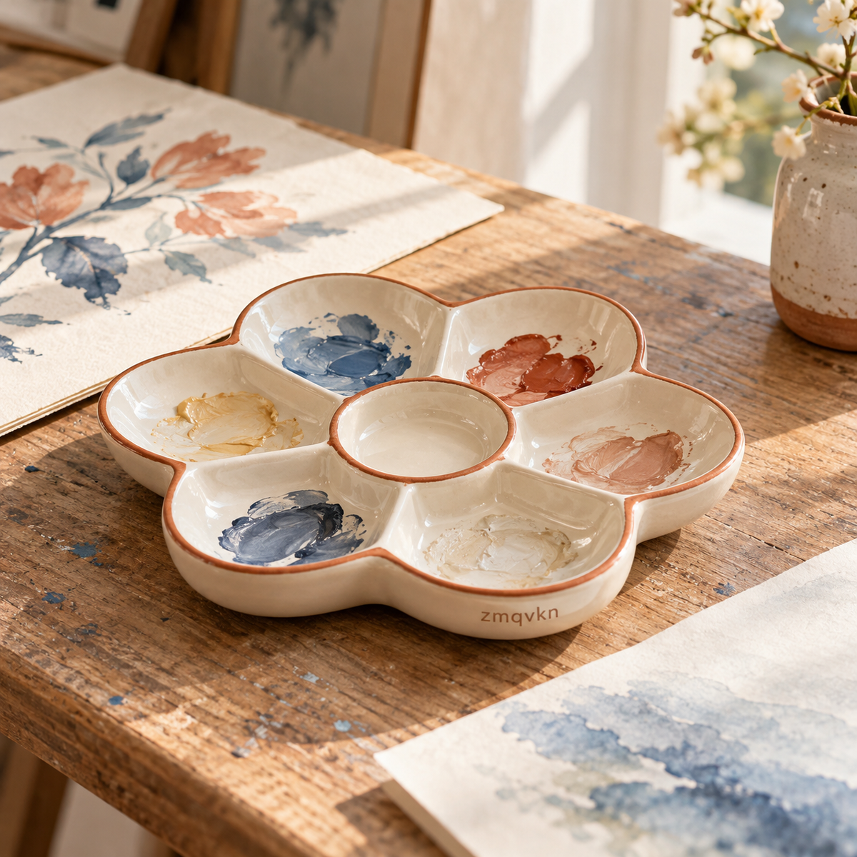zmqvkn Porcelain Flower Mixing Palette — artist studio lifestyle scene