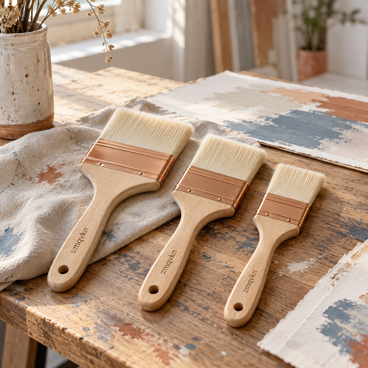 zmqvkn Wide Flat Brush Trio — artist studio lifestyle scene