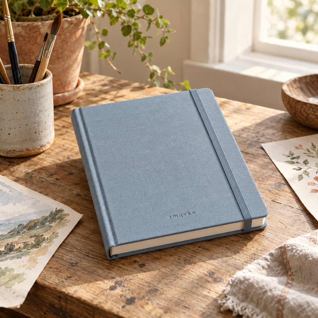 zmqvkn Linen-Cover Sketchbook — artist studio lifestyle scene