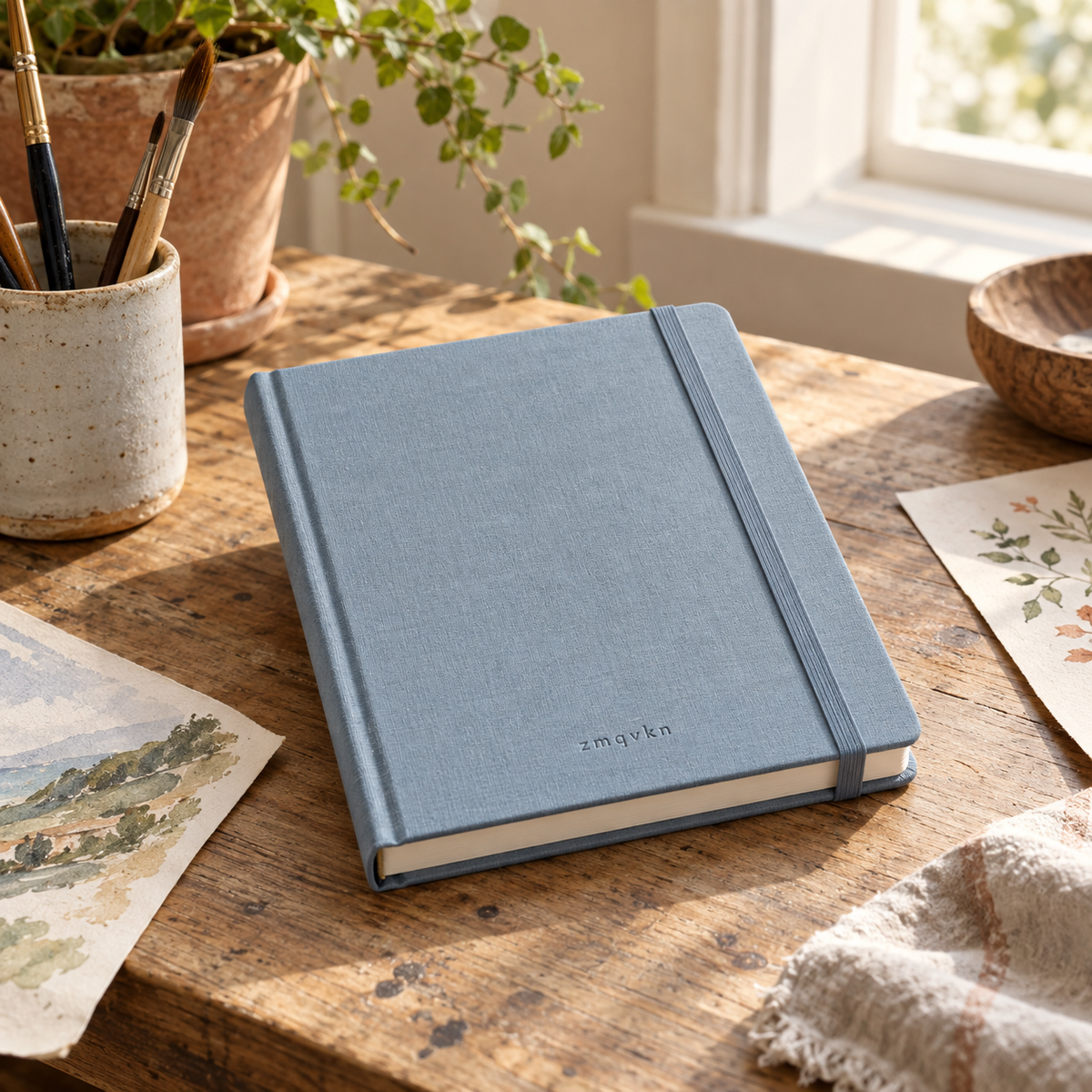 zmqvkn Linen-Cover Sketchbook — artist studio lifestyle scene